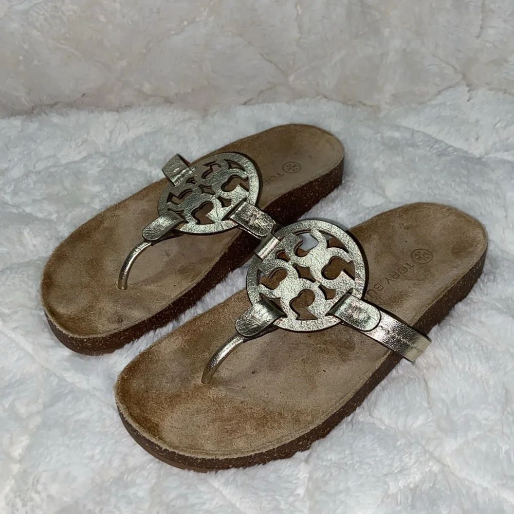 EUC Tory Burch Miller Cloud metallic goat leather cork Sandals